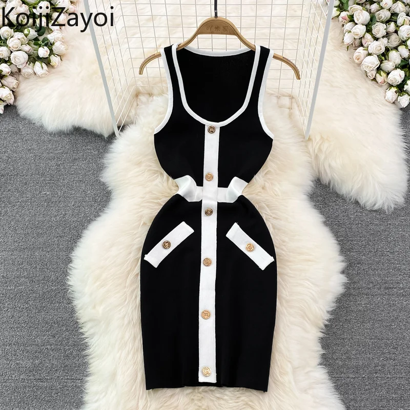 

Koijizayoi Elegant Women Summer Patchwork Knitted Maxi Dress Sleeveless U Neck Office Lady Basic Sexy Dresses Bodycon Party Robe