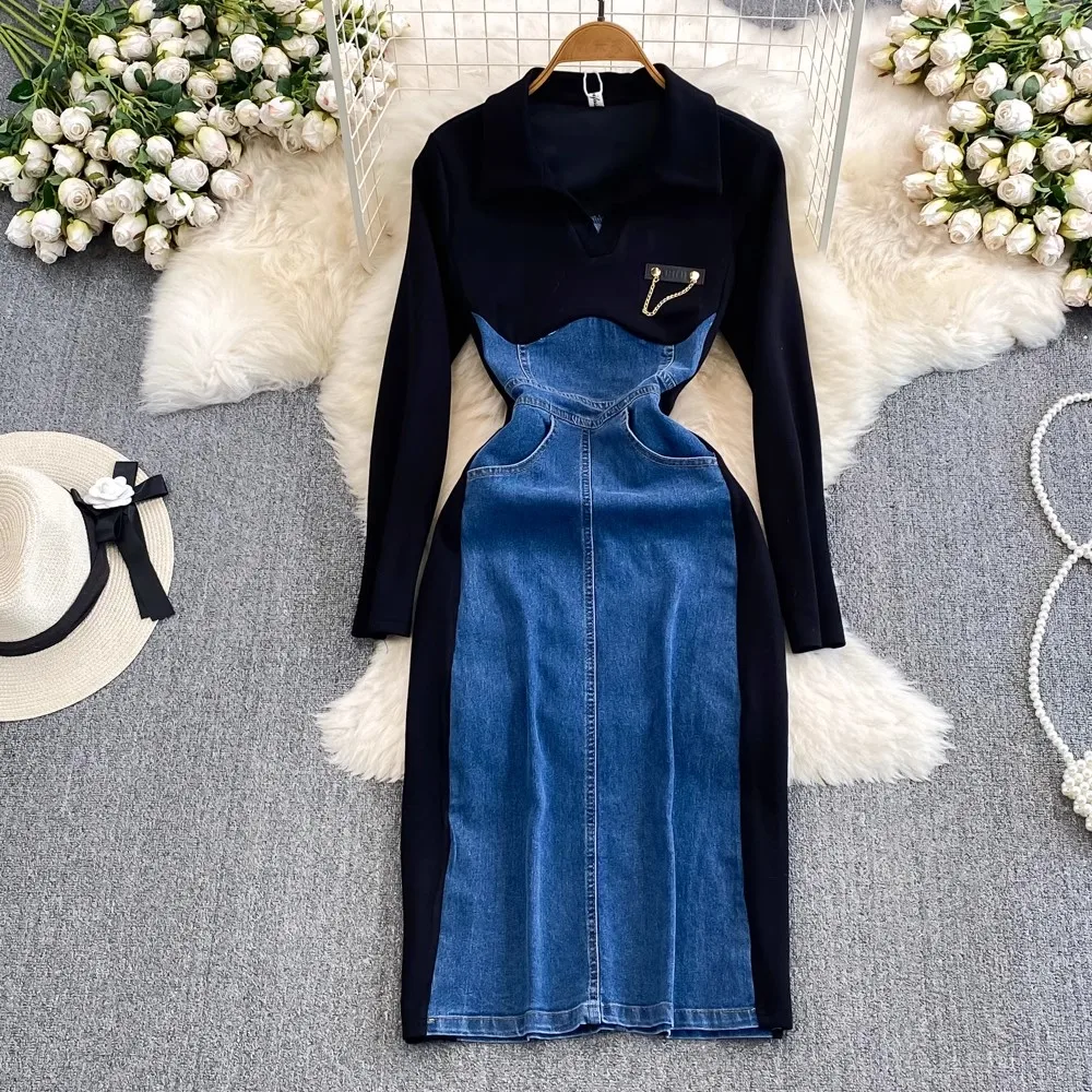 Женское джинсовое платье с длинным рукавом дизайнерское в стиле пэчворк