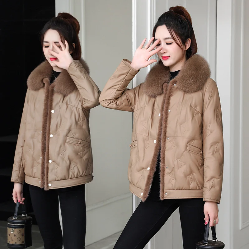 

100% genuine leather real 2023 new Haining Down jacket coat women's short sheep skin fox mink fur grass large