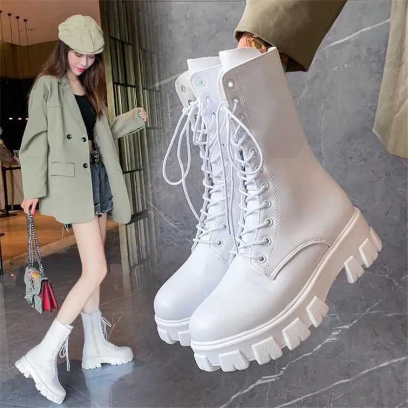 

Women's Martens Boots PU Leather White Ankle Boots Autumn Winter Motorcycle Boots Fashion Female Chunky Heel Platform Boots