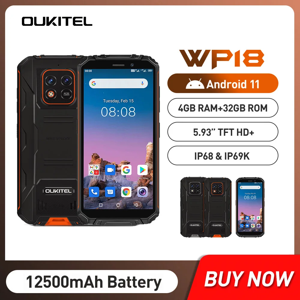 

OUKITEL WP18 смартфон с 5,5-дюймовым дисплеем, четырёхъядерным процессором Android 11, ОЗУ 4 Гб, ПЗУ 32 ГБ, 13 МП, мобильный телефон, 5,93 мАч