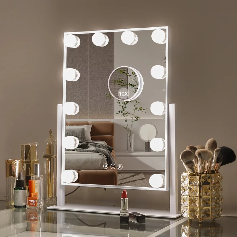 

Hollywood Vanity Makeup Mirror with Lights Metal Tabletop White 14.5" x 18.5"