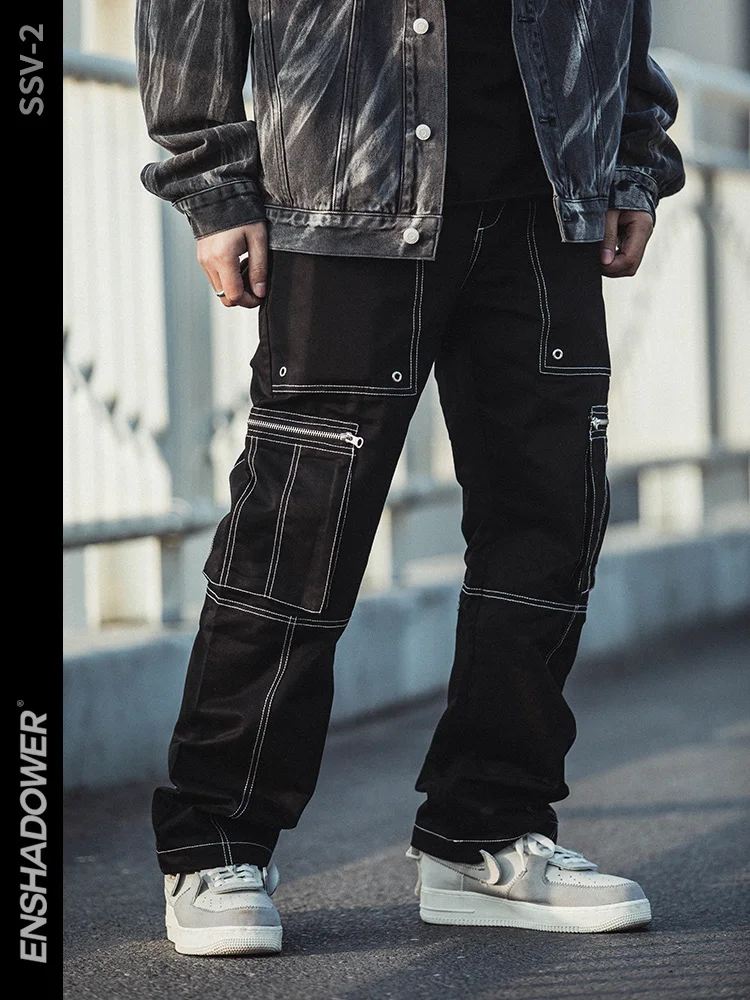 ENSHADOWER 22SS Deconstructed Cargo Pants Men's Straight Casual Trousers Multi Pocket Workwear Streetwear Fashion