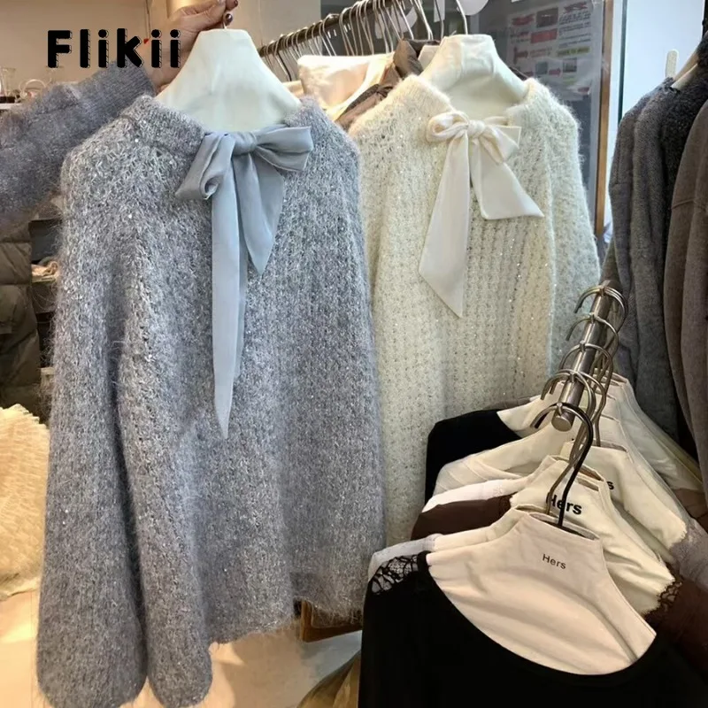 Милые вязаные повседневные пуловеры с длинными рукавами и бантом зима 2024 женские