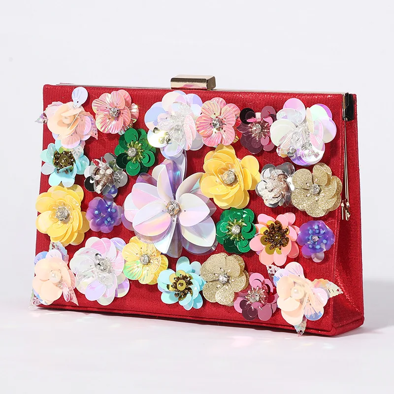 

Summer Floral Applique Clutch Bag Sweety Diamond Pearl Decor Evening Bags Women Luxury Party Handbag Laser Sequins Bag