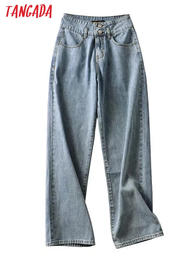 

Tangada 2022 fashion women blue jeans pants long trousers high waist pockets buttons female pants NA11