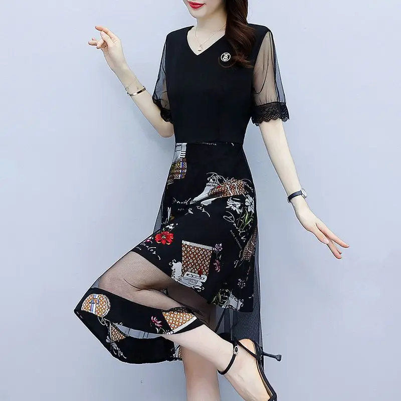 Женское винтажное кружевное платье с коротким рукавом V-образным вырезом и