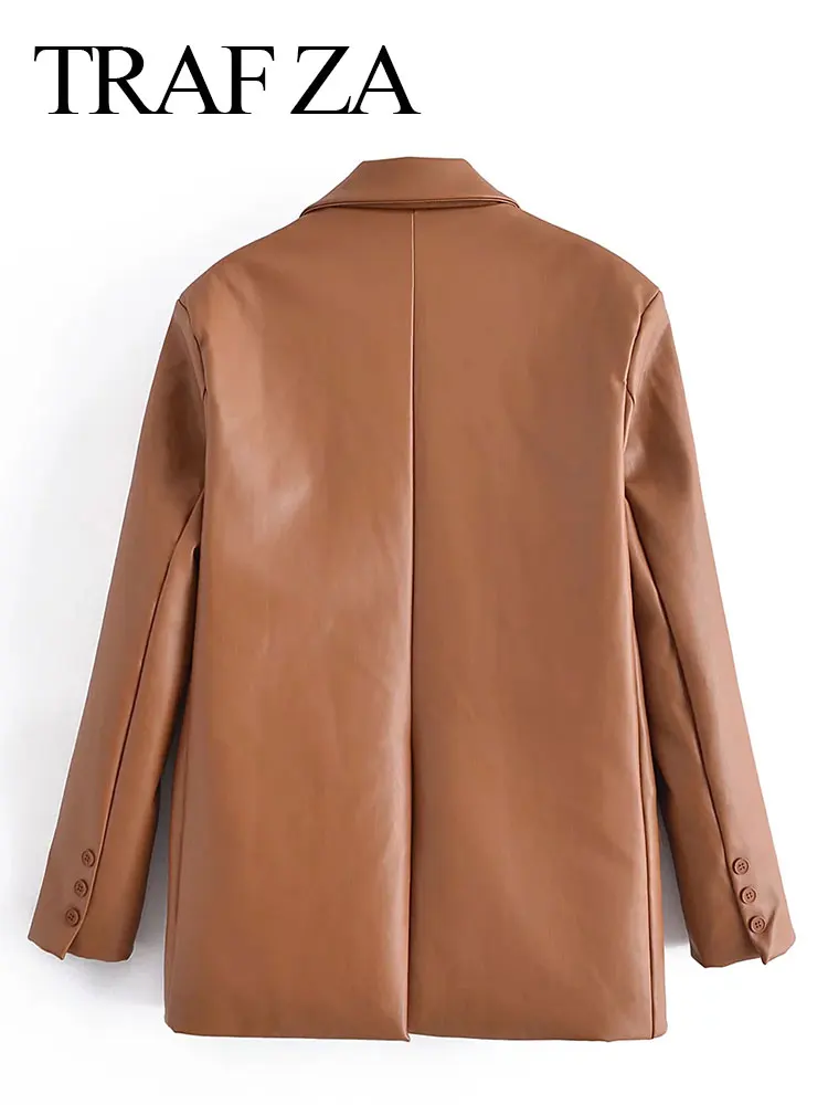 TRAF ZA Women's Fashion Pu Leather Jacket Solid Vintage Long Sleeve Blazer Coats Pocket Casual Loose Chic Female Streetwear
