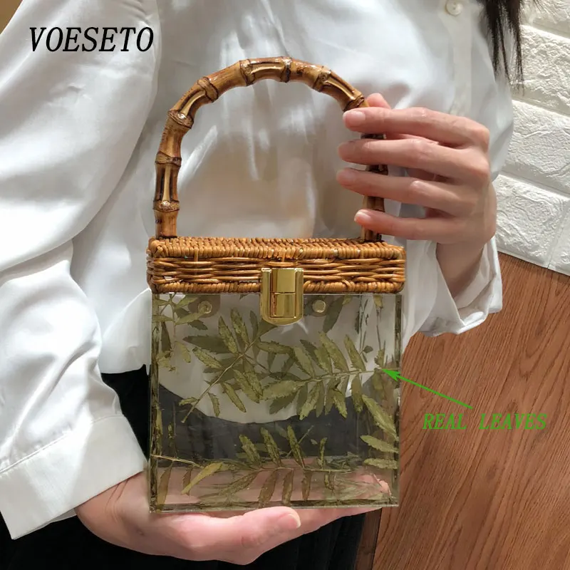 

2022 Woman's High Quality Luxury Summer New Diy Handmade Bamboo Leaf Handbag Retro Bamboo Transparent Acrylic All-match Box Bags