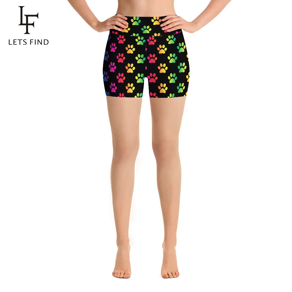 LETSFIND 2020 New Women High Waist Elastic Short Pants Fashion 3D Colorful Dog Paws Digital Print Stretch Leggings