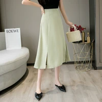 women solid color spring summer high waist slit long skirts elegant ruffles slim thin korean ol style a line midi skirt 2021 new