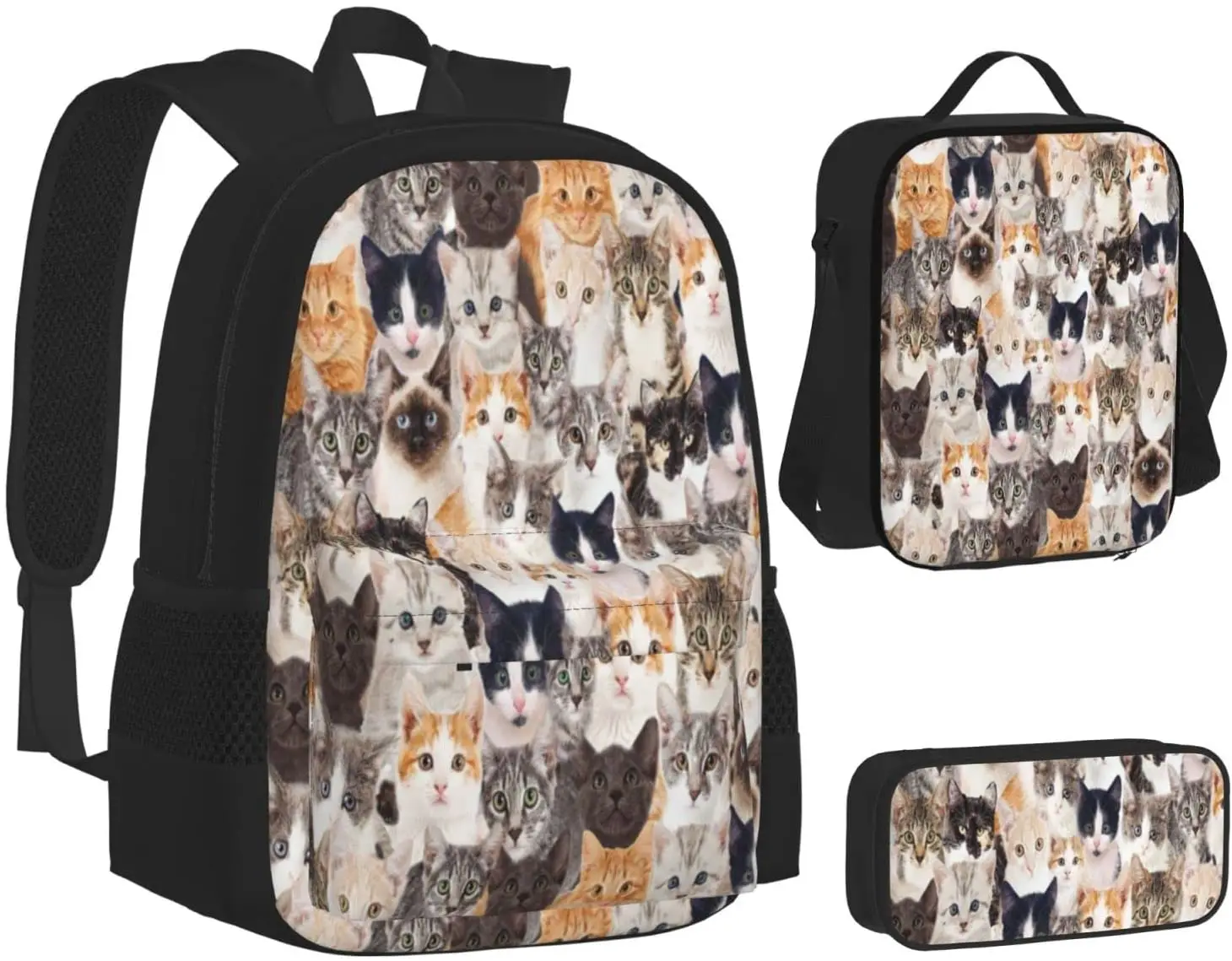 Kids School Backpack Cats Schoolbag Travel Bag Casual Daypack Lunch Bag Pencil Case for Boys Teens Girls 3pcs Sets