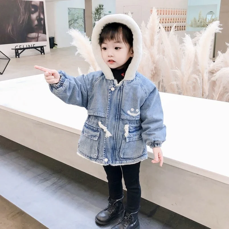 

Toddler Girl Denim Coat Winter Warm Fleece Jacket Hooded Kids Outerwear Novelty Fashion Sportwear Casual Cartoon Coats For Child