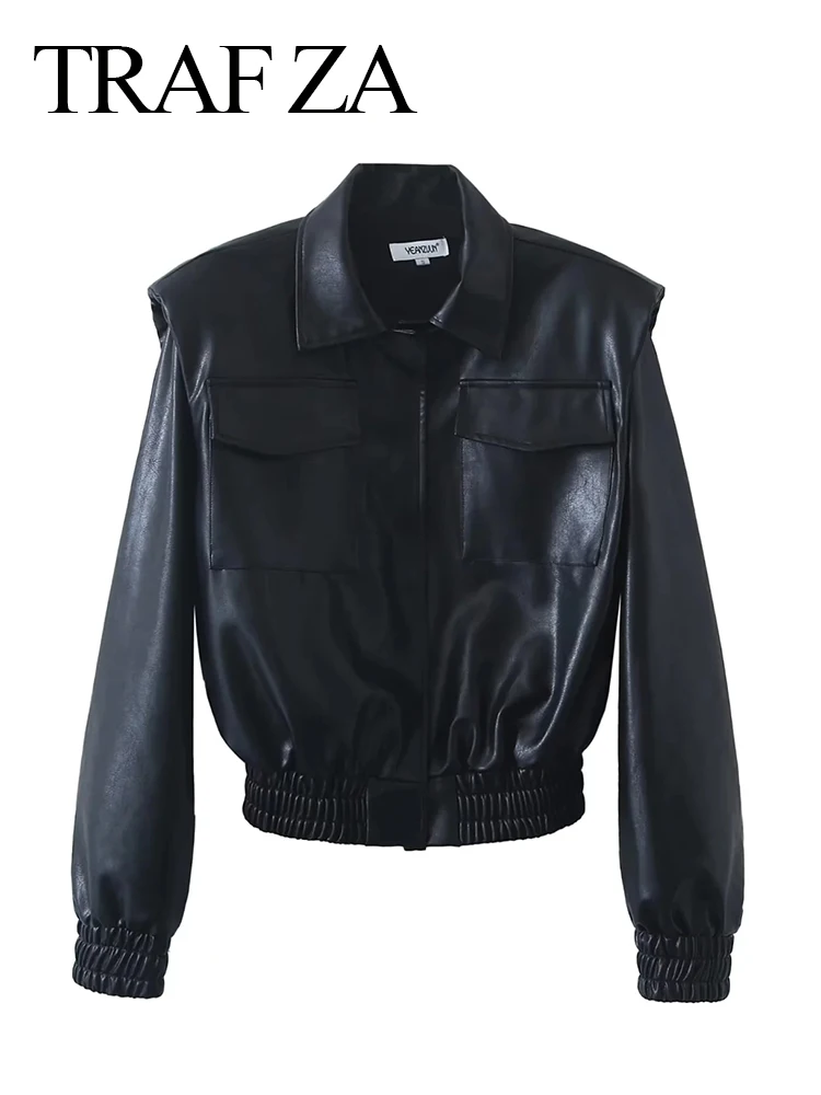 

TRAF ZA Trendy High Street Cool Pocket Lady Leather Jacket Fashion Black Windproof Single Breasted Long Sleeve Women's Jacket