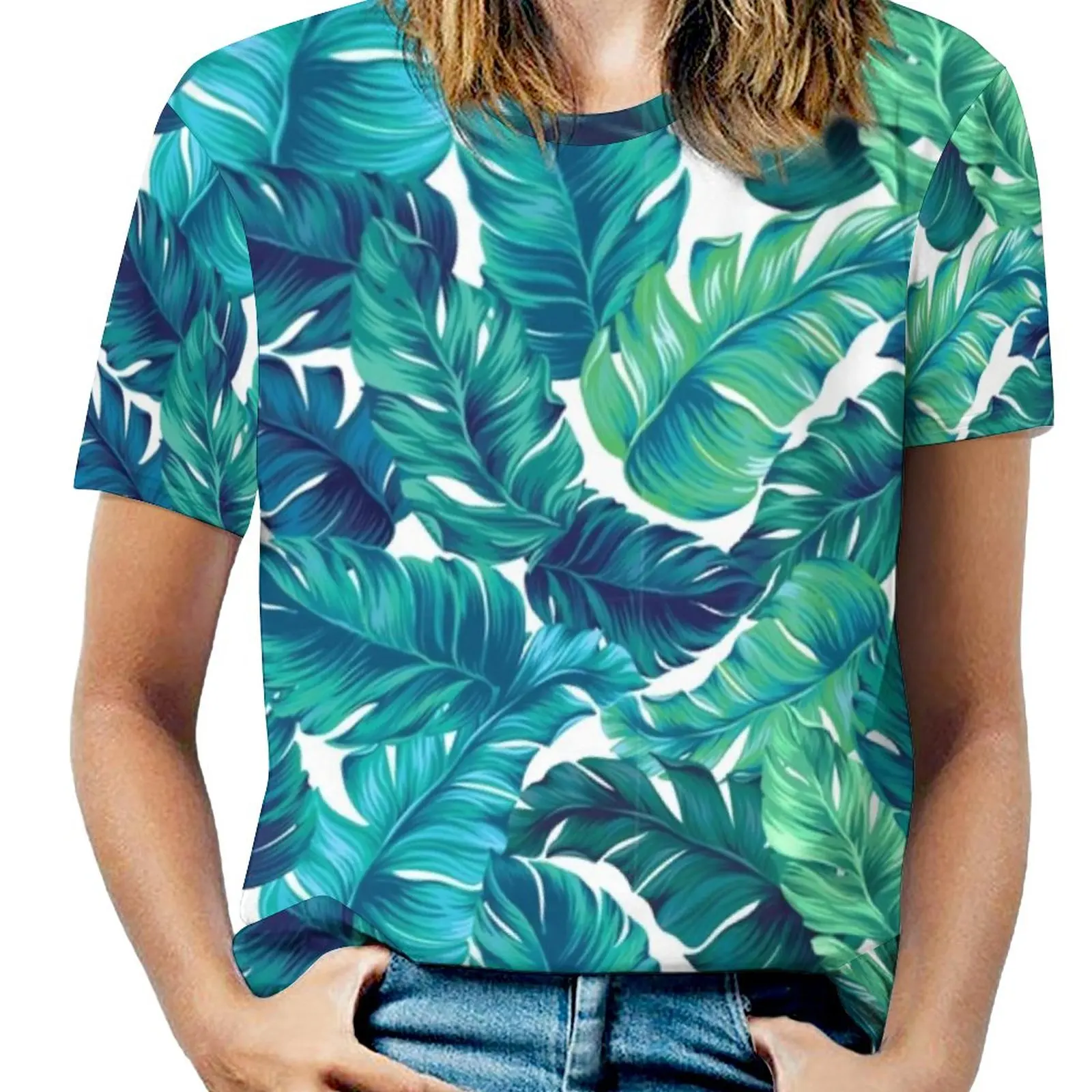 

Футболка женская с рисунком банановых листьев, ретро Топ с тропическим принтом, с коротким рукавом и графическим принтом, уличная одежда, бо...