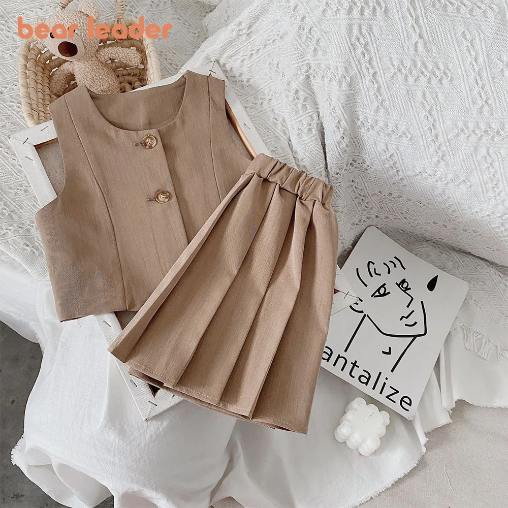 

Bear Leader/жилет комплекты одежды для девочек Новая летняя детская одежда однотонная плиссированная юбка + жилетка костюм из 2 предметов детска...