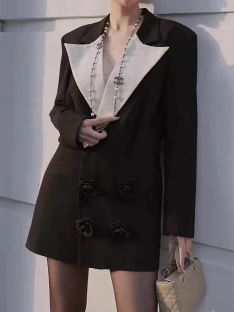 Женский двубортный пиджак в стиле ретро дизайнерский контрастных цветов с