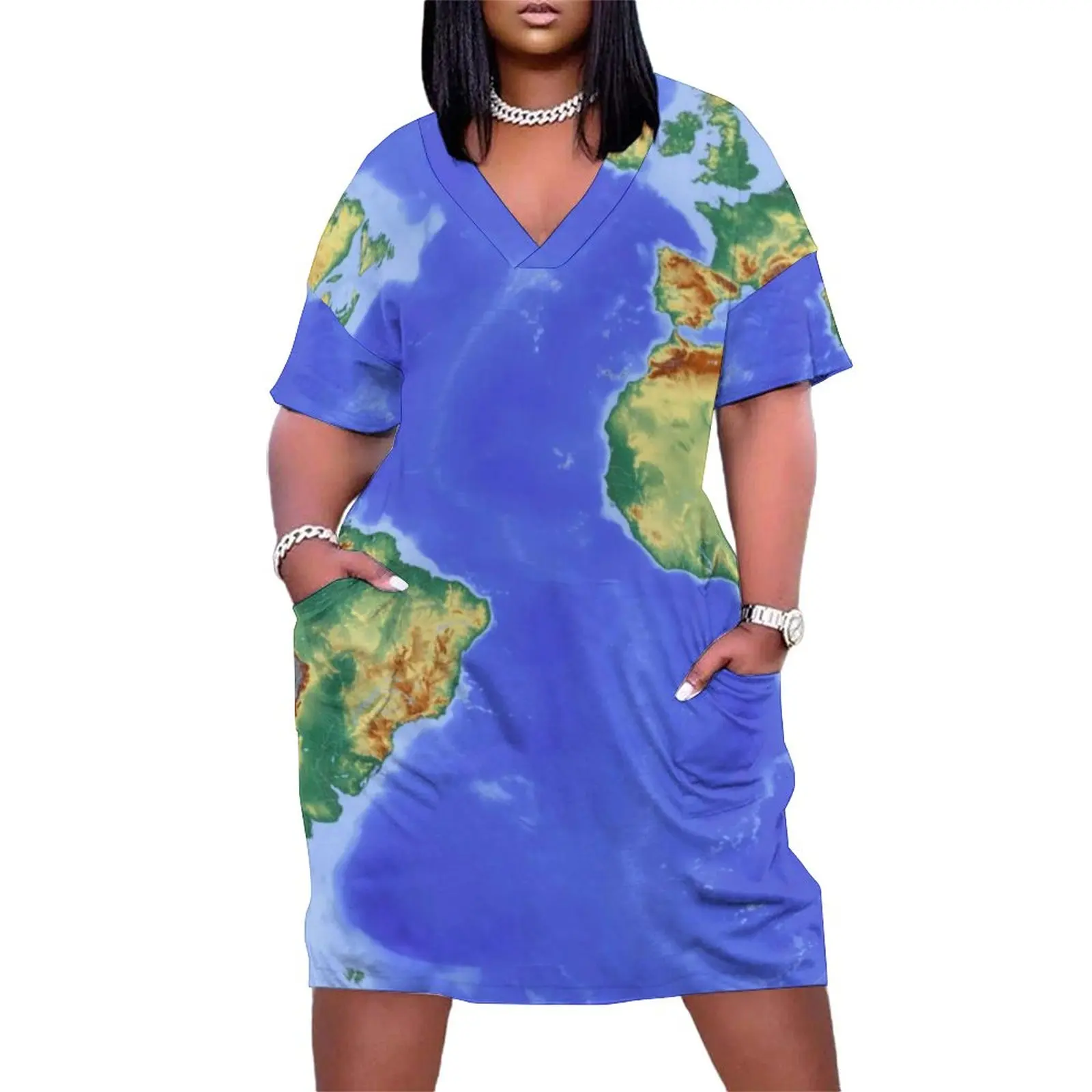 

Cool Earth Map Dress Plus Size Map of The World Street Style Casual Dress Womens Spring V Neck Elegant Dresses Gift Idea