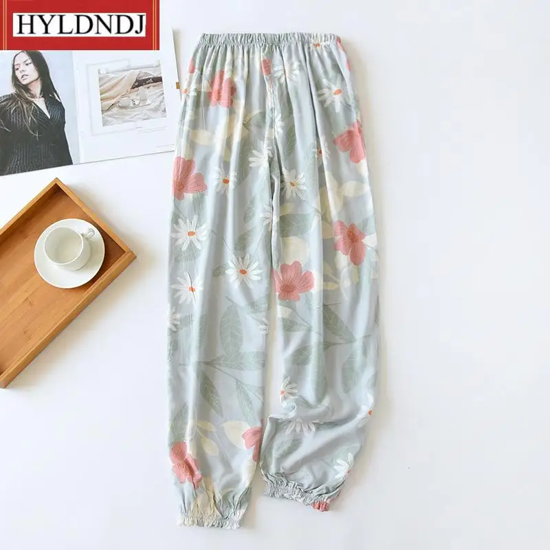 Women Pajama Bottoms Elastic Waist Ankle-Length Pants Sleep Wear Women Lounge Wear Closing Pants Summer Viscose Rayon Printing