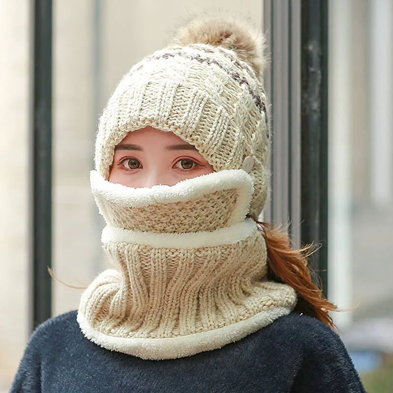 

Теплые зимние женские вязаные шапки с добавлением меха теплые зимние шапки для женщин модная сохраняющая Лицо теплая Балаклава помпоны шап...