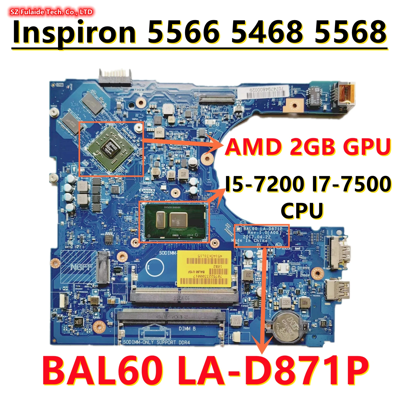 

Оригинальная материнская плата для ноутбука dell Inspiron 5566 5468 5568 с LA-D871P I7-7500 процессор AMD 2 Гб GPU I5-7200 DDR3
