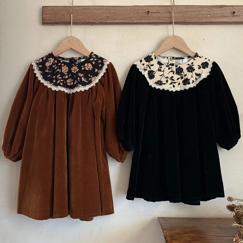 

Детское бархатное платье с длинным рукавом, с цветочным принтом