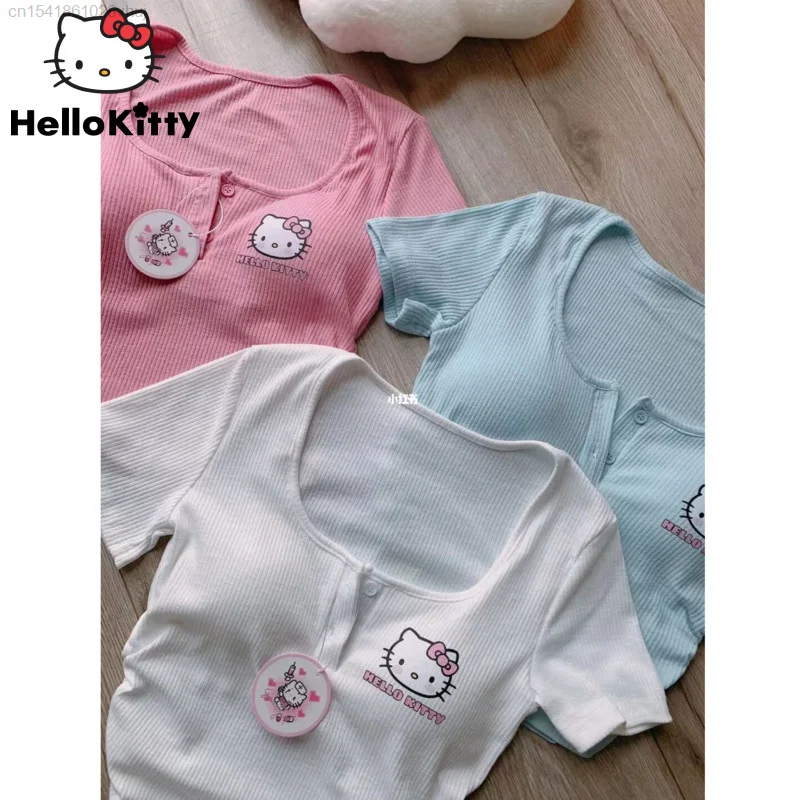 

Sanrio Hello Kitty Crop Tops Y 2k Aesthetic White Pink T-shirt Youthful Women Clothing 2023 Summer blue Corset Top With Bra Yk2