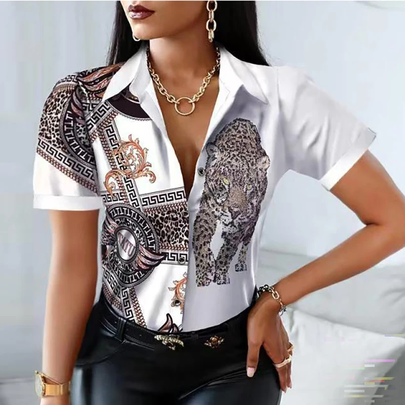 

Elegant Letter Print Splicing Turn-down Collar Button Tops Shirt Autumn Short Sleeve Blouse 2022 Office Lady Streetwear Blusa