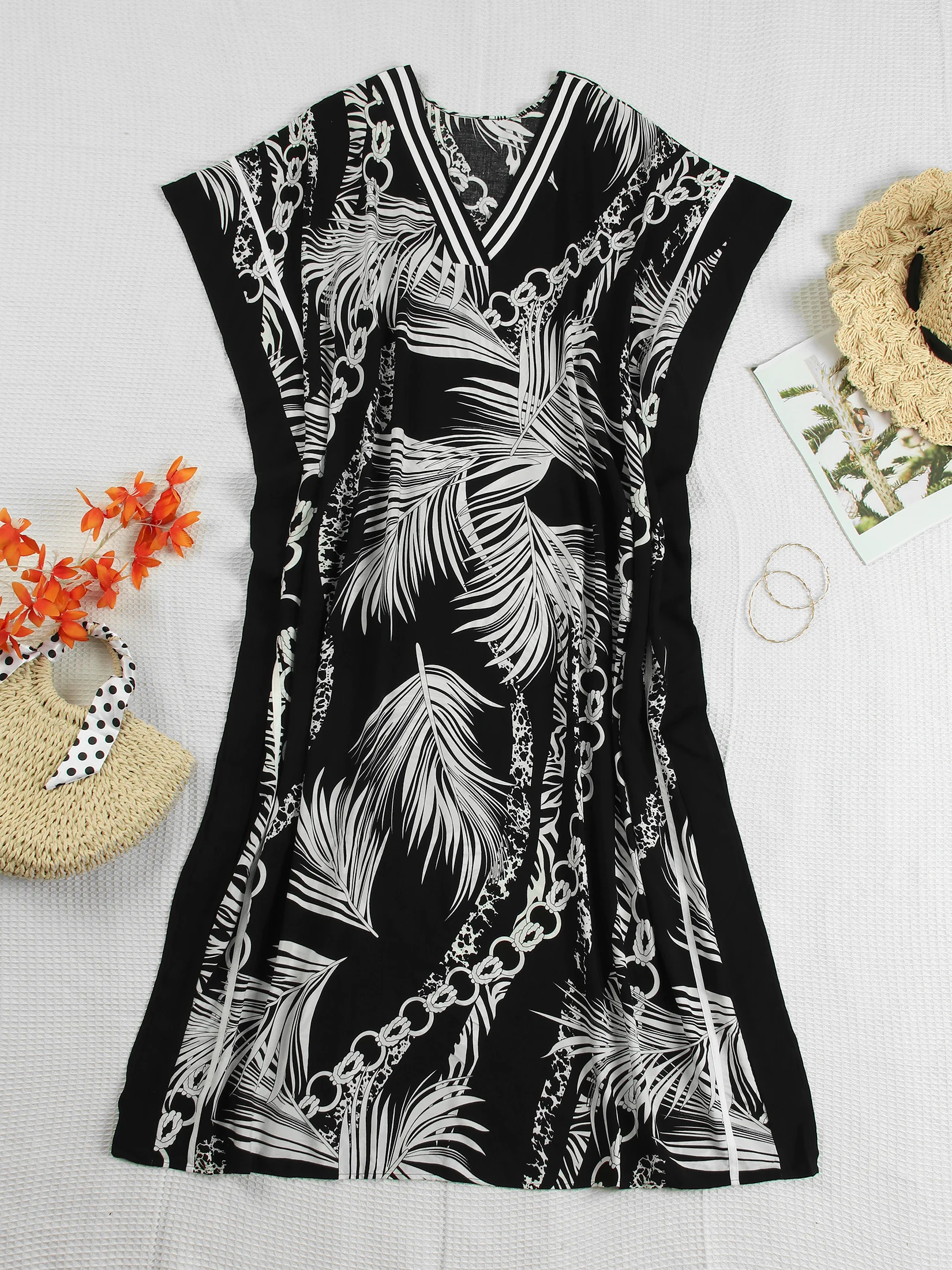 Женское Пляжное Платье В Стиле Бохо Свободное Черное С V-образным Вырезом Длинной