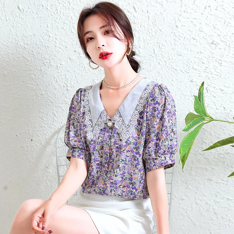 

Blouse Women Summer 2022 New Vintage Short Sleeve Embroidery Floral Print Chiffon Blusas Womens Tops And Blouses Dropshipping