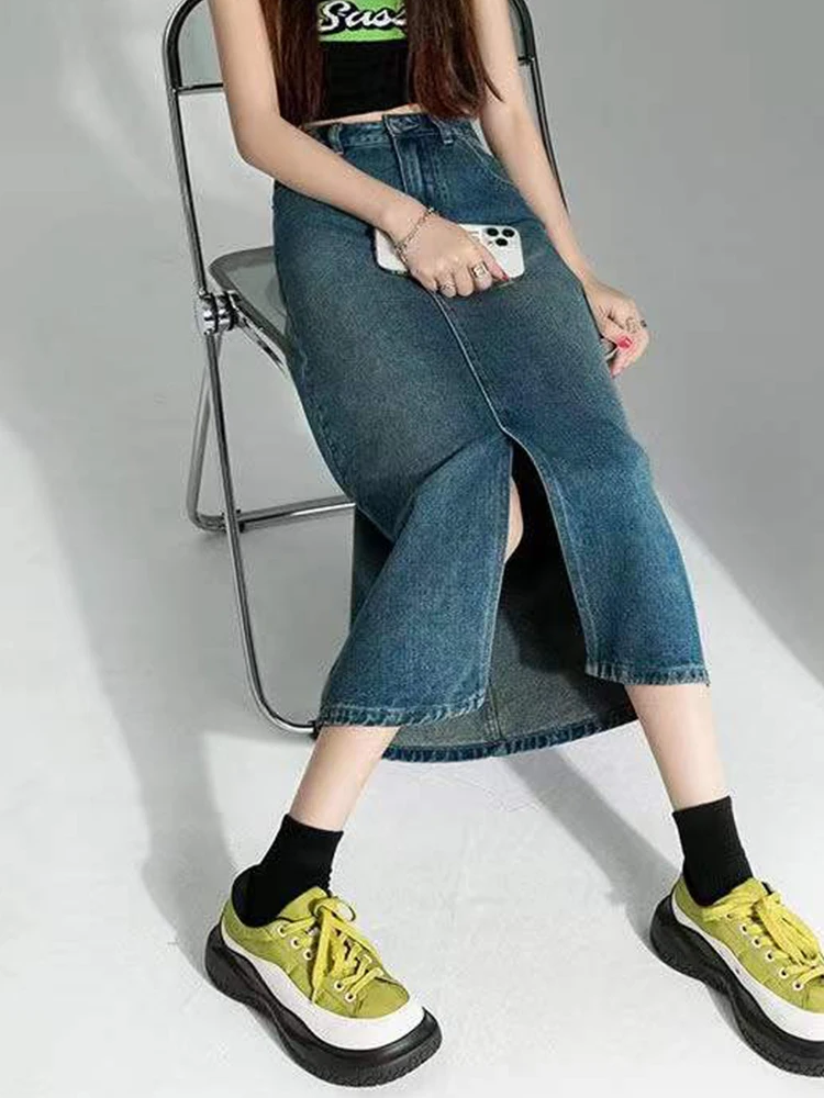 Summer Maxi Denim Skirt for Women 2023 Vintage High Waist Blue Black Long Jeans Skirt Spring Female A-line Split Denim Skirts images - 6