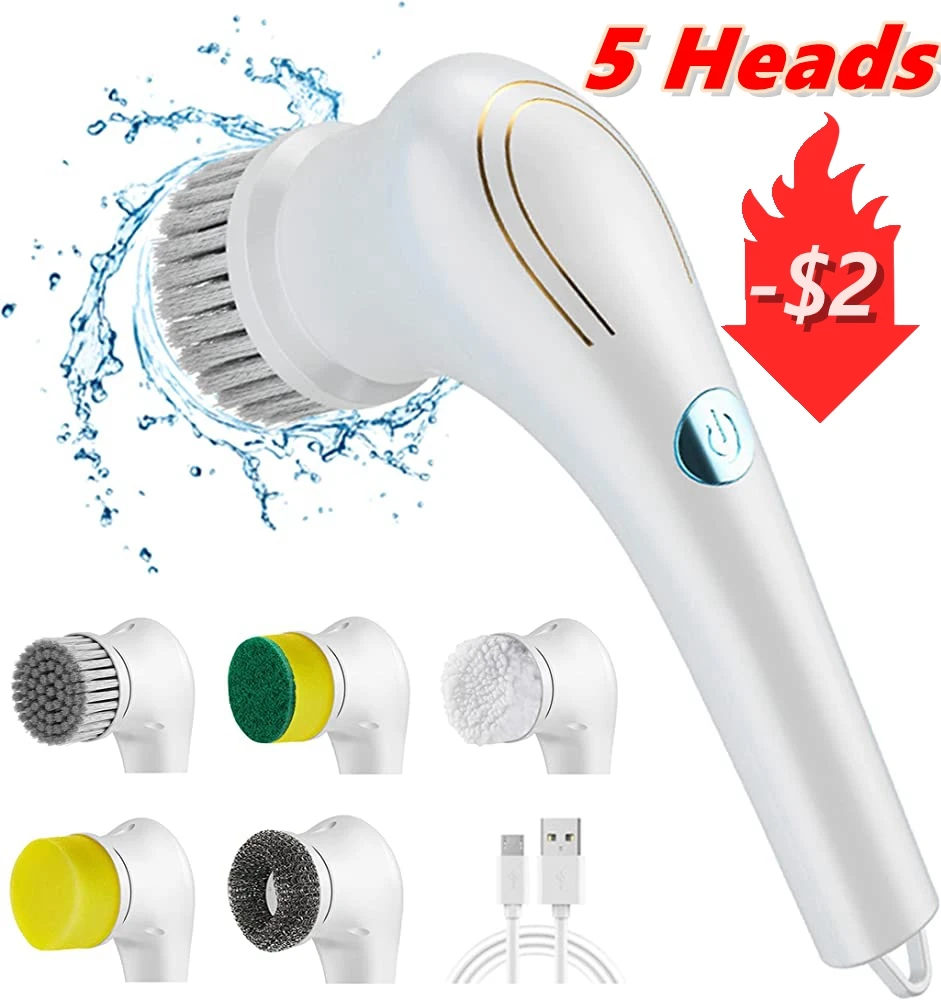 

Electric Cleaning Brush 5 Brush Heads USB Charging Waterproof Scrubber Cleaner for Bathroom Wall Bathtub Kitchen Cleaning Brush