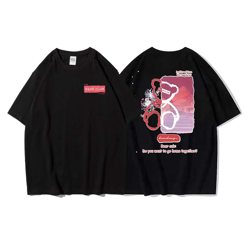 

ExtFine Harajuku Red Bear Graphic Oversized T-shirt Letter Printed Short Sleeve Male Tees Summer Pure Cotton Unisex Tops