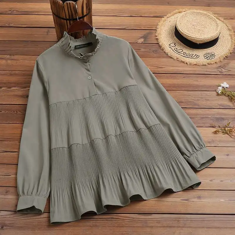 

2022 ZANZEA Women Vintage Pleated Blouse Shirt Spring Autumn Puff Sleeve Ruffle Top Tunic Lady Casual Solid A-line Blusa Chemise