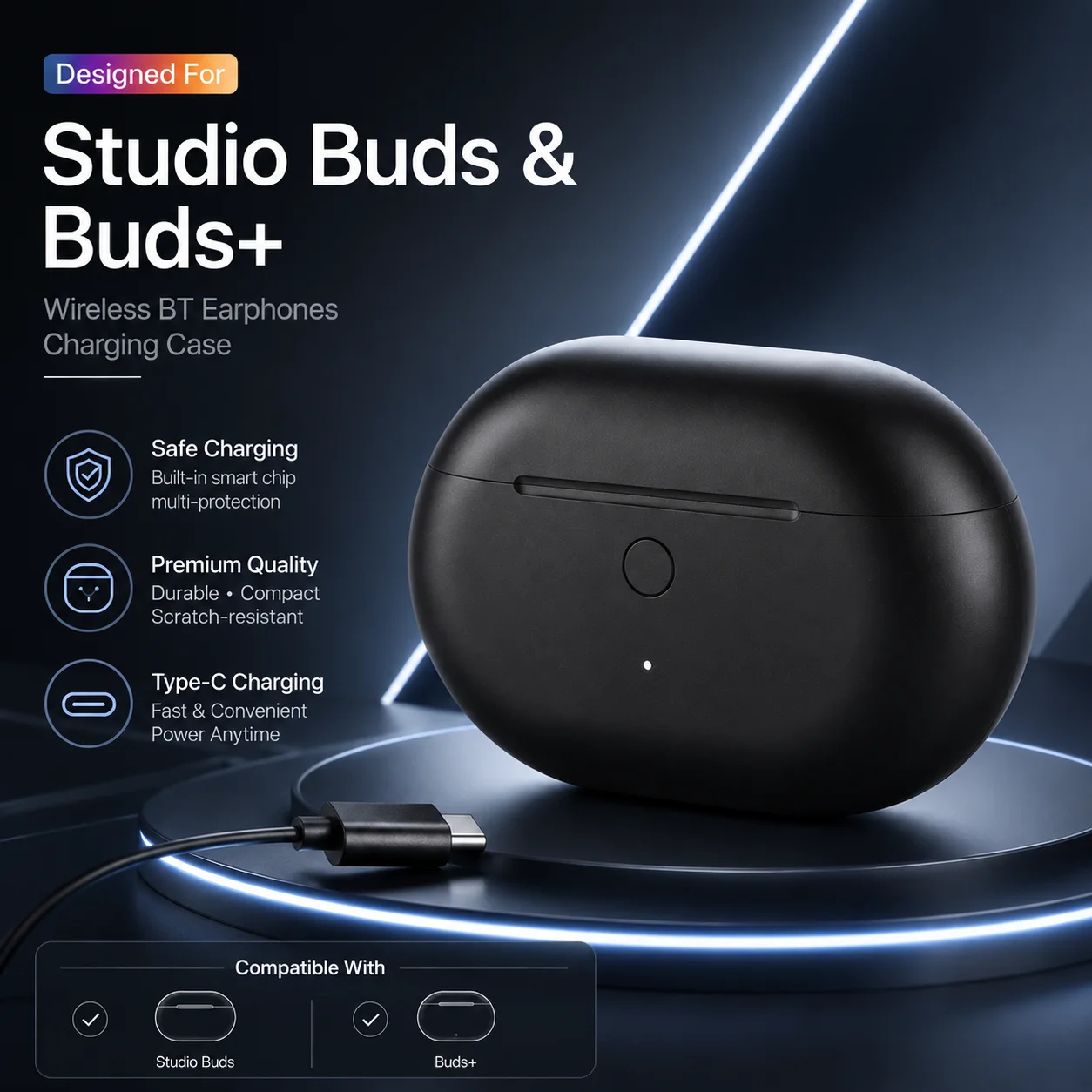 Фото Сменный зарядный чехол для Beats Studio Buds/Buds+ с кнопкой синхронизации BT и функцией сопряжения, 660 мАч, без наушников, только зарядный чехол для наушников. №1