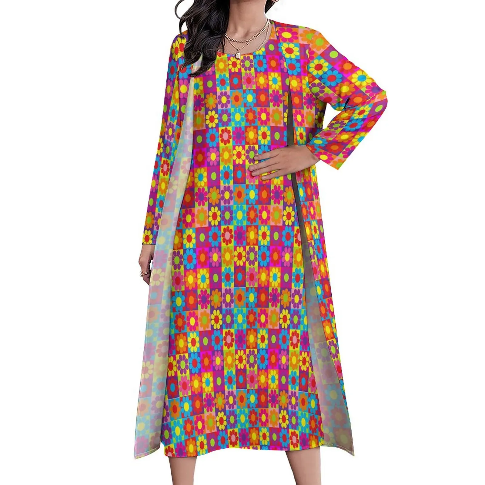 

Платье макси с цветочным принтом, современное богемное длинное платье с квадратным принтом в уличном стиле, осеннее платье из двух частей с графическим принтом, большие размеры