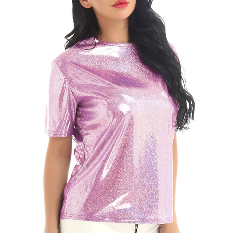 

Casual Bright Dance Bling Blouse Summer Women Clothing 2023 Fashion O-neck Short Sleeve Tops Solid Color Shirt Blusa Mujer 25099