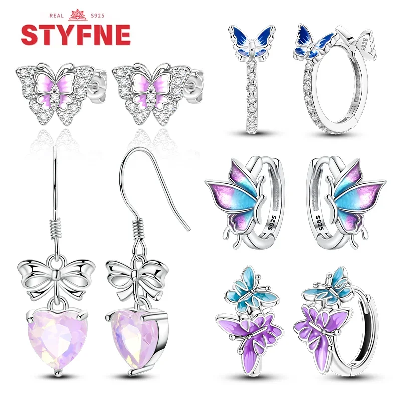 Настоящее серебро S925 красочные серьги-кольца с бабочками розовое сердце