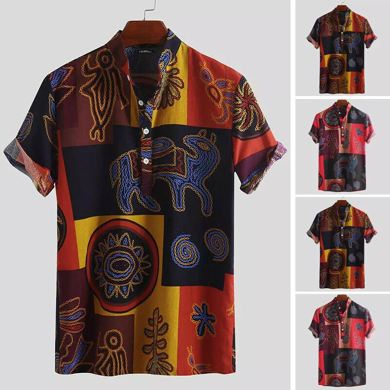 

Fashion Men's Ethnic Style Pullover Cotton Shirt Hawaiian Vintage Short Sleeve Shirts Man Hawaii Beach Shirt Sobrecamisa Hombre