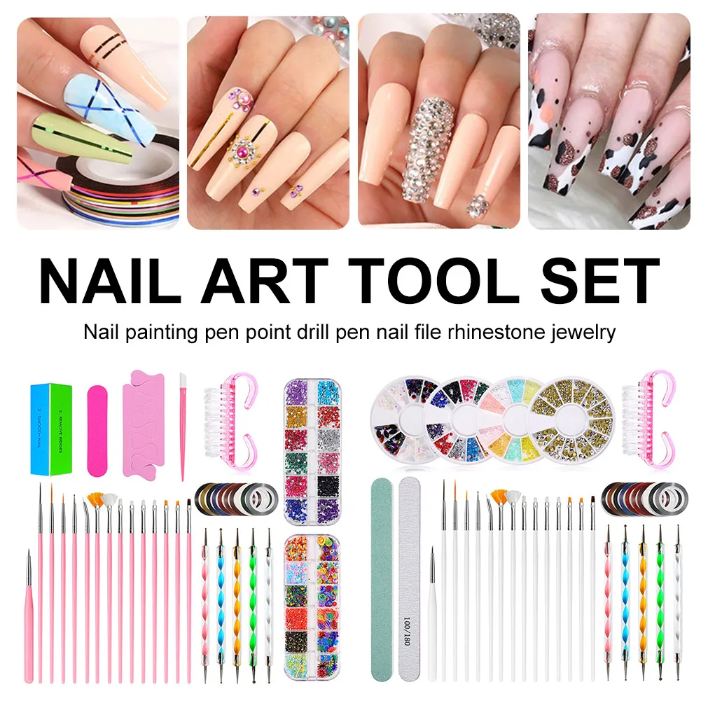 

10Pcs/Set Nail Art Tool Kit Nail Brush Pen Dotting Pen Striping Tape Nail File Rhinestones Decoration Manicure Tool