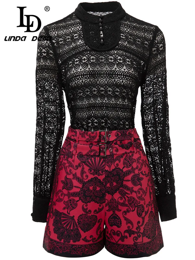 LD LINDA DELLA Fashion Runway Spring Shorts Suit Women Black Lace Long sleeve Top + Belted Slim Red Printed Shorts 2 Pieces Set