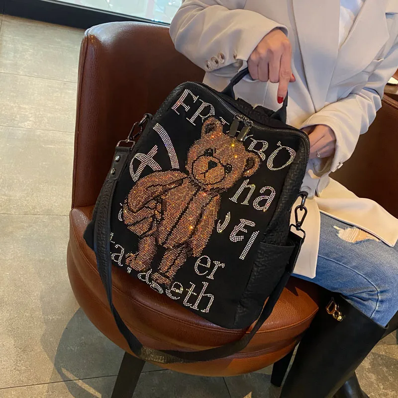 

Shining Rhinestone Cute Bear Women's Backpack Soft Leather Large Capacity Shoulder Bag Luxury Travel Bagpack