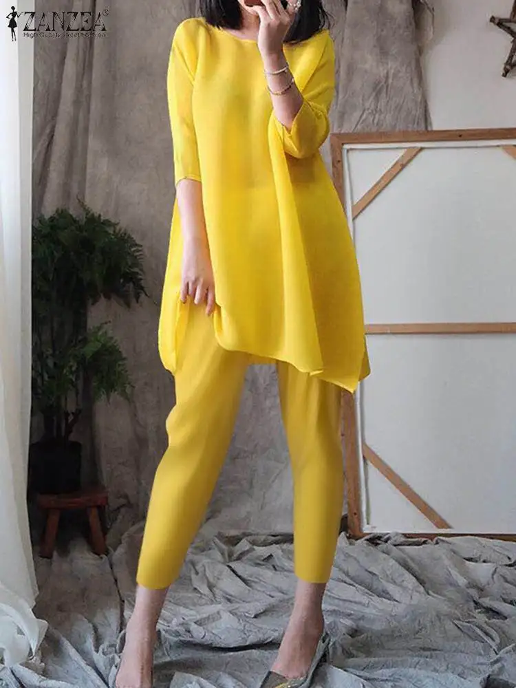 

Casual Loose Elastic Waist Trouser Suits ZANZEA Women 2PCS Pant Sets Holiday Half Sleeve Tops Outfits Fashion Solid Matching Set