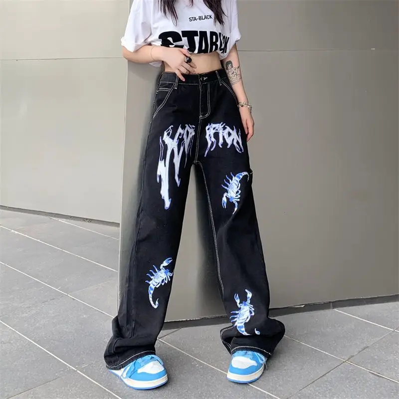 Streetwear Vintage Women Black Jeans Spring Autumn High Waist Pants Y2K Printing Harajuku Wide Leg Straight Loose Casual Trouser