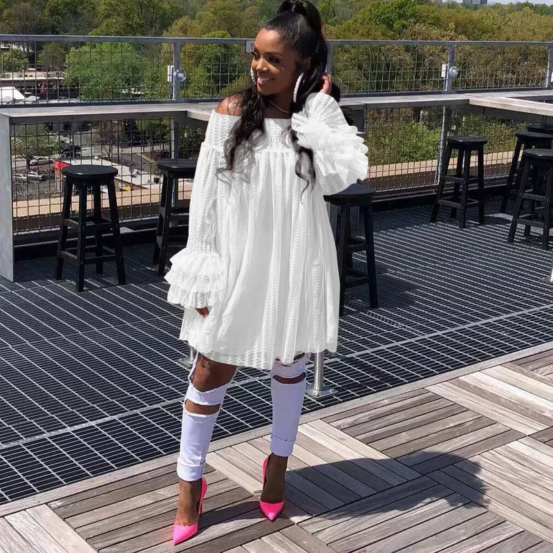 

WUHE Strapless Fashion Women Dresses Sexy Off Shoulder Ruffles Flare Long Sleeve Mesh Loose Big Swing Babydoll Dress Streetwear