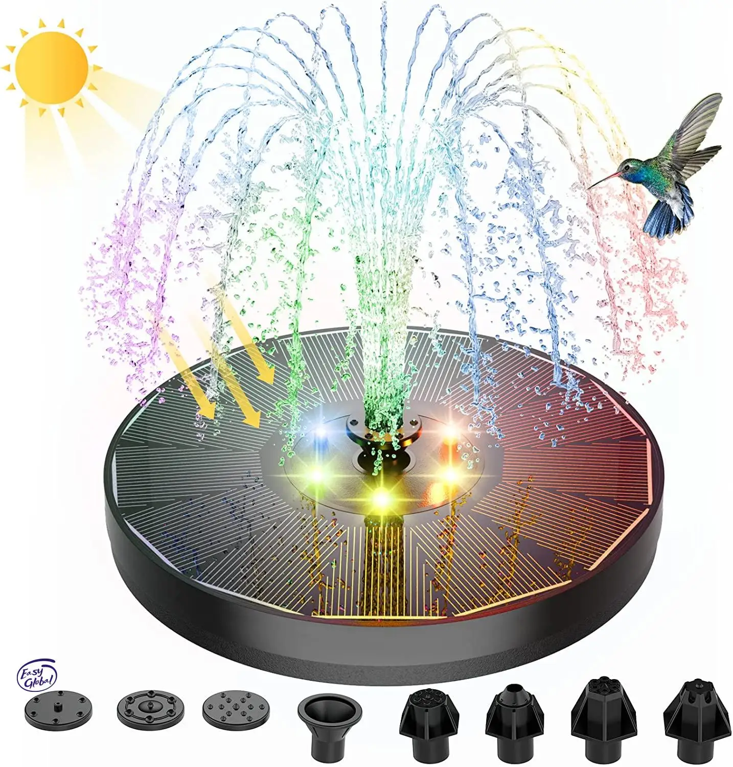 

Solar Fountain Water Pump with color LED Lights for Bird Bath 3W with 7 Nozzles & 4 Fixers Floating Garden Pond Tank