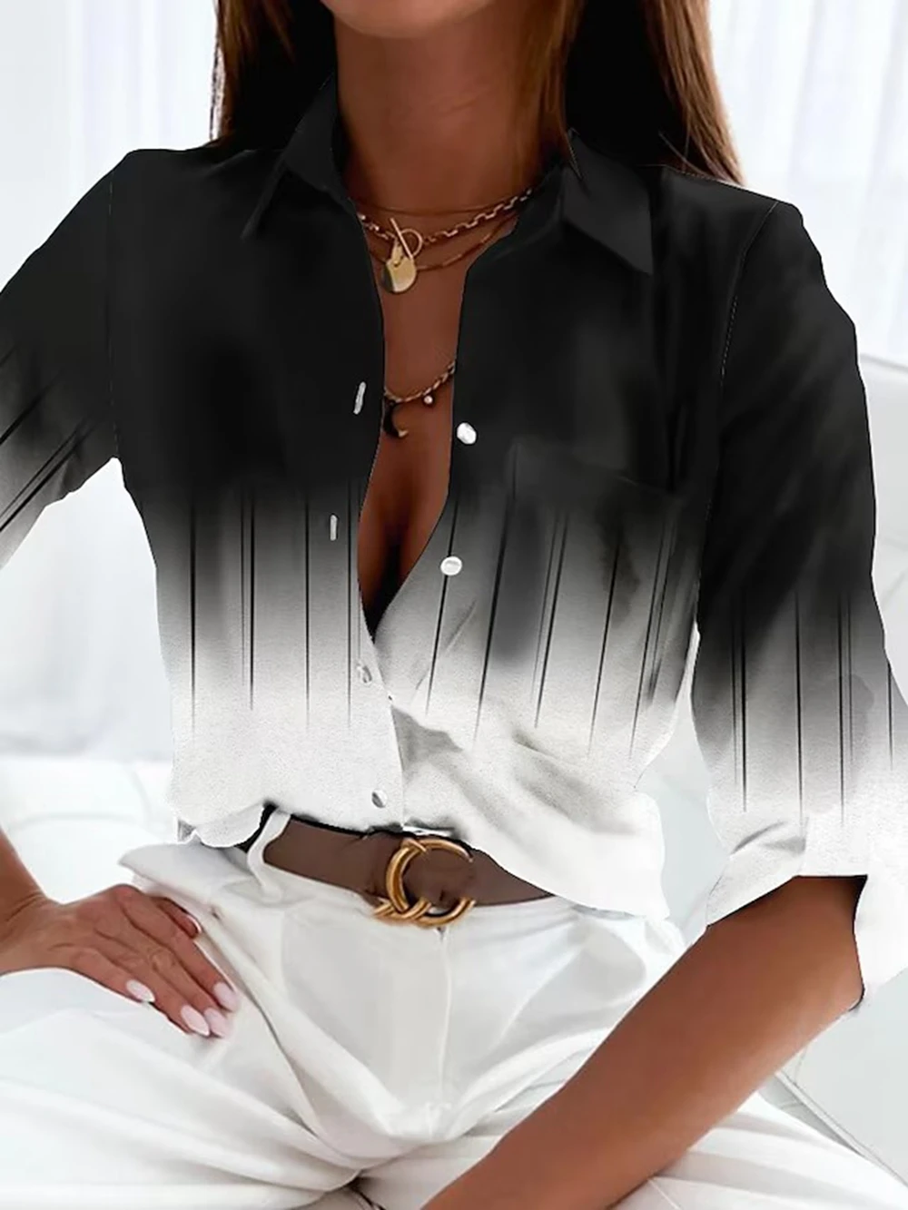 

Summer Women's Streak Shirt Blouse Blue and black 3D Fashion Print Long Sleeve Casual Basic Shirt Daily Tops Plus-size shirt