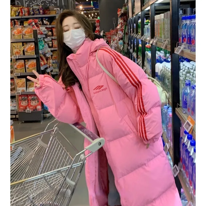

Pink Long Down Jacket for Women's Winter New Warm and Thickened Casual Over Knee Hooded Coat