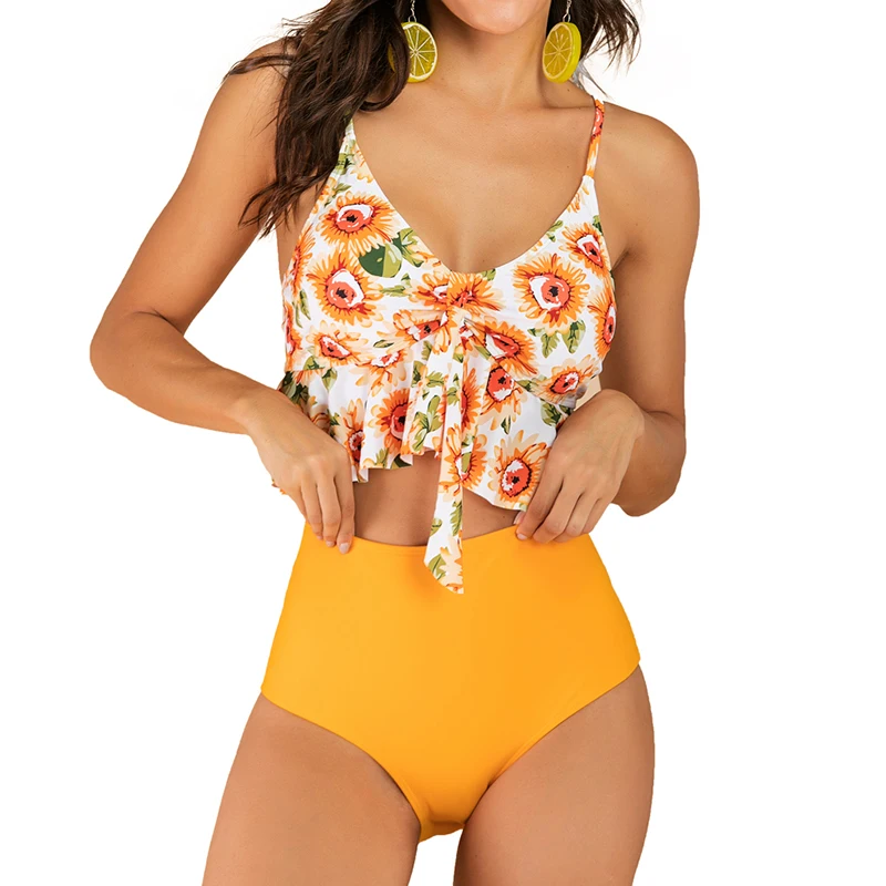 

Plus Size Sunfloral High Waist Bikini Sets 2020 Women Push Up Ruffle Hem Bikini Swimsuit Large Size Swimwear Bathing Swim Wear