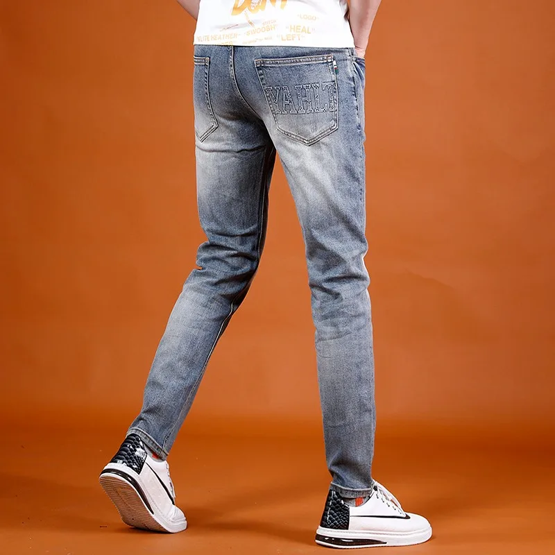 Summer Jeans Men Slim Fit Straight Leg Pants 2022 New Streetwear Casual Light Blue Stretch Denim Trousers
